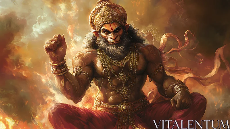 Simian warrior deity seated amid swirling fire and smoke.