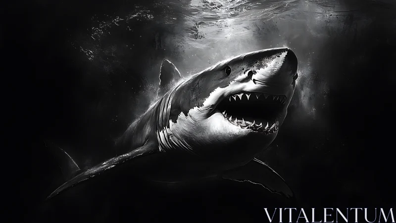 Monochrome great white shark portrait in cinematic abyss.