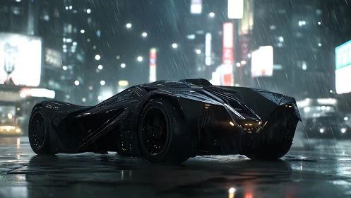 Midnight rain ride with a stealthy futuristic supercar.