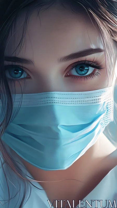 Bright blue eyes write quiet courage above a pale mask