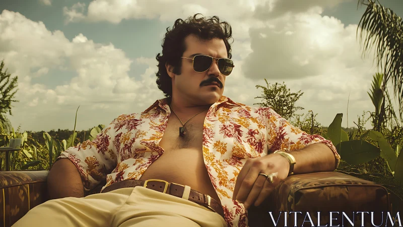 Relaxed man reclines in tropical garden under moody sky