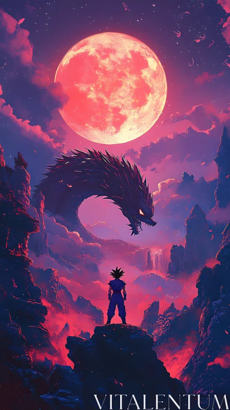 Silhouetted warrior facing dragon beneath large red moon.