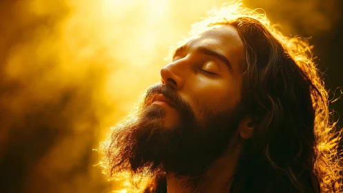Bearded man bathes in golden backlit evening sunlight glow.