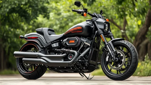 Black cruiser motorcycle on outdoor path under green trees.