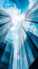 Glass skyscrapers soar into a vivid blue urban skyline.