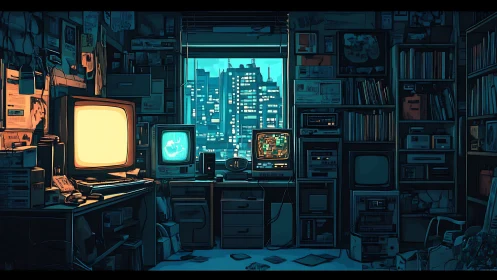 Retro computer haven glows softly against the city night