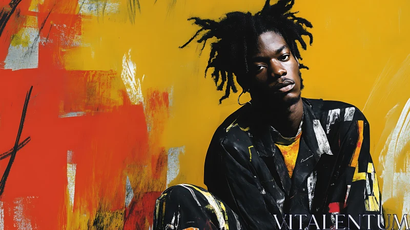 Painterly portrait captures soulful gaze against bold mural