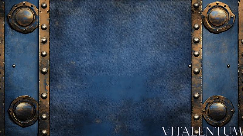 Weathered blue metal panel shows riveted industrial frame