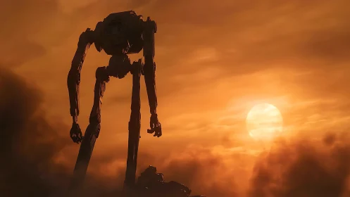 Colossal desert mech silhouette against blazing sunset sky.