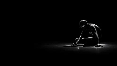 Masked crouching hero kneels in spotlight on glossy floor