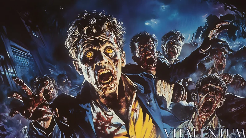 Terrifying zombie horde lunges forward in electric moonlight.
