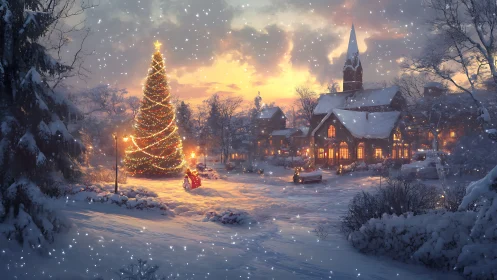 Snowy village Christmas tree glowing with cozy winter magic.
