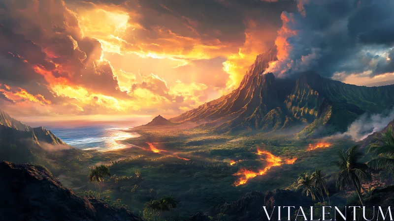 Volcanic dawn ignites a mythic coast of fire and mist.