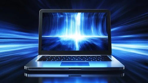 High-speed laptop channels intense blue digital energy.