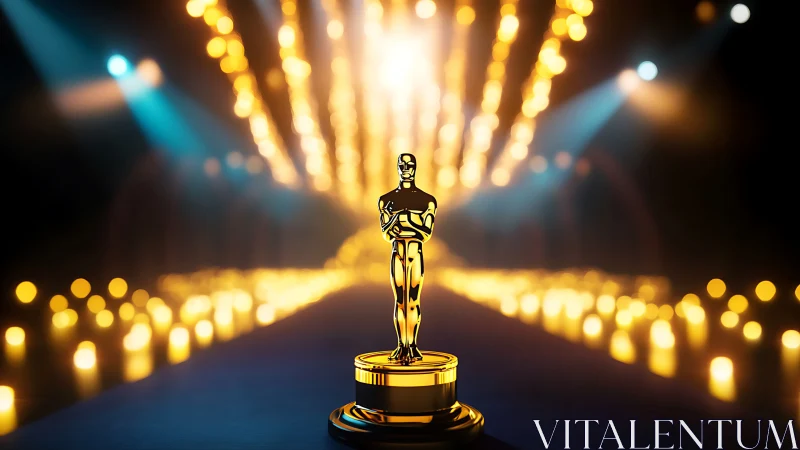 Golden film award statue glows under dramatic stage lights