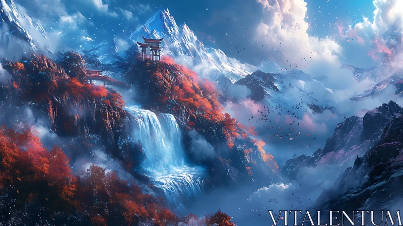 Mountain temple overlooks cascading waterfall amid crimson forest