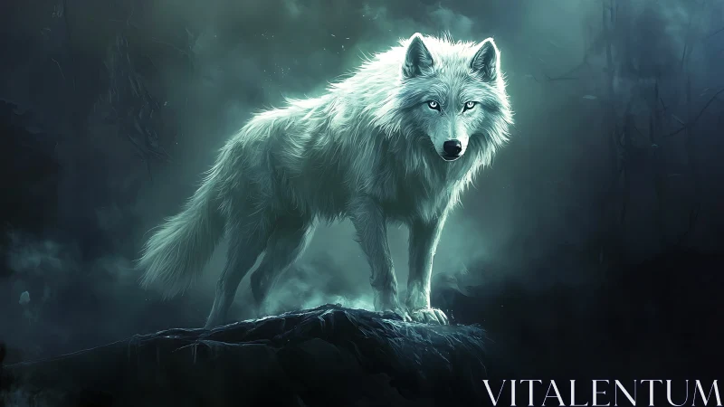 Moonlit spirit wolf guards the mist-draped forest edge.