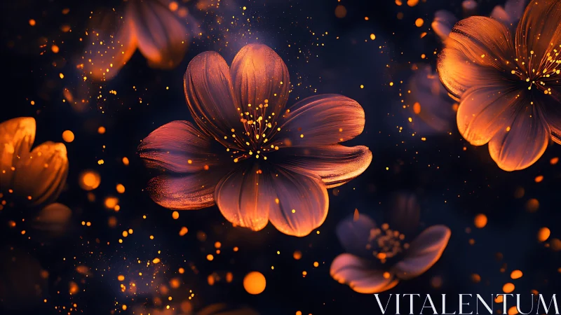 Glowing orange blossoms drift gently through a dreamy night sky