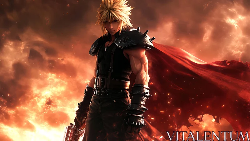 Spiky-haired warrior stands against blazing storm of fire.