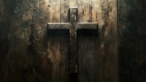 Weathered wooden cross rests quietly on a rustic wall