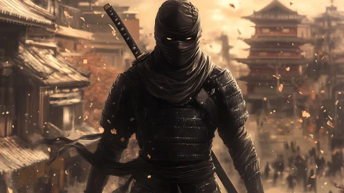 Shadow-clad ninja advances through ember-lit feudal streets.