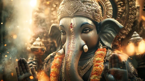 Gentle golden Ganesha bathed in soft ceremonial light.