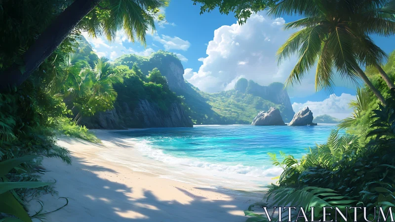 Tropical Beach Cove with Dramatic Rock Formations and Palm Trees.