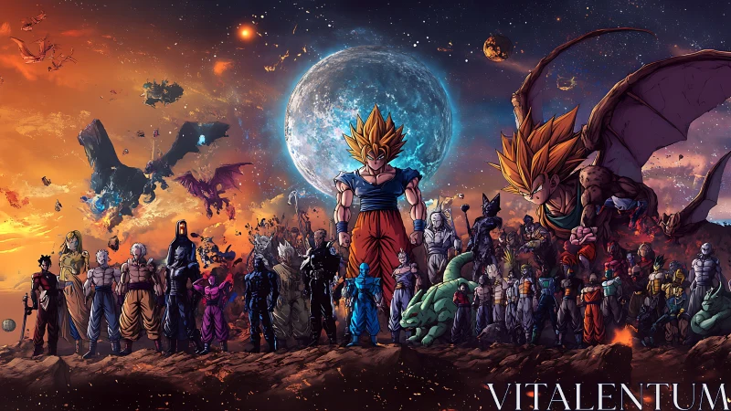 Epic anime warriors assemble beneath a shattered cosmic sky