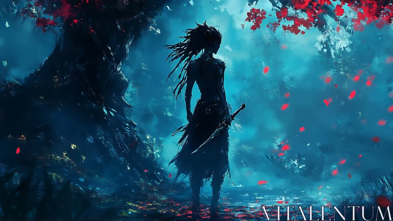 Silhouetted bladebearer in bioluminescent crimson grove.