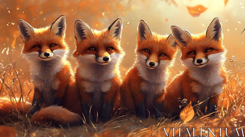 Four amber foxes trade secret smiles in glowing autumn haze