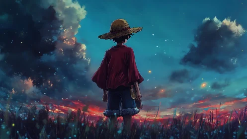 Straw hat character stands in a field under vivid sunset sky