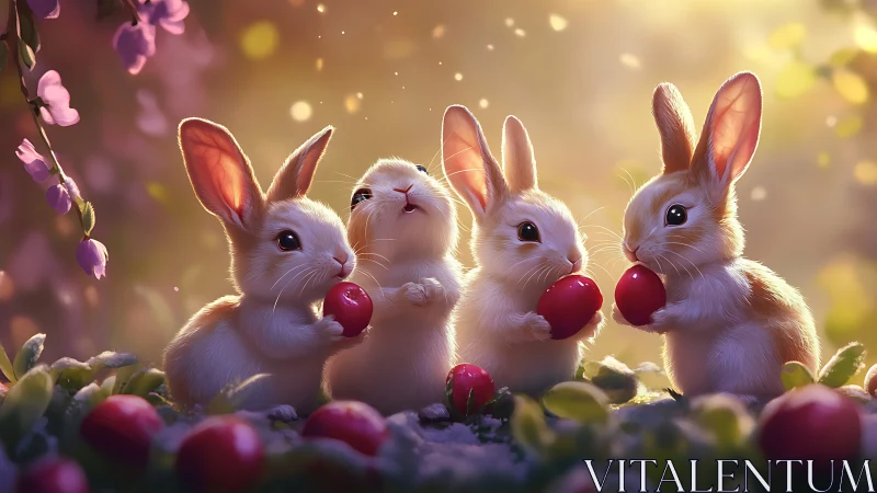 Four baby rabbits share red berries in soft golden light