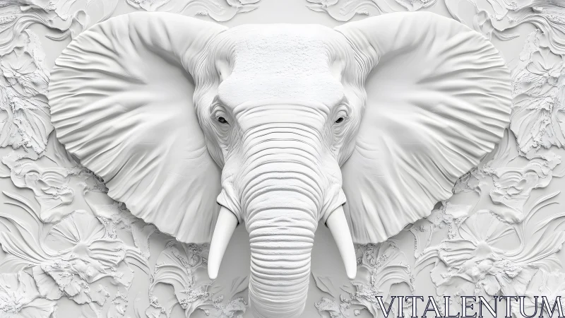 Majestic Elephant Head in White 3D Relief Art with Floral Motifs.