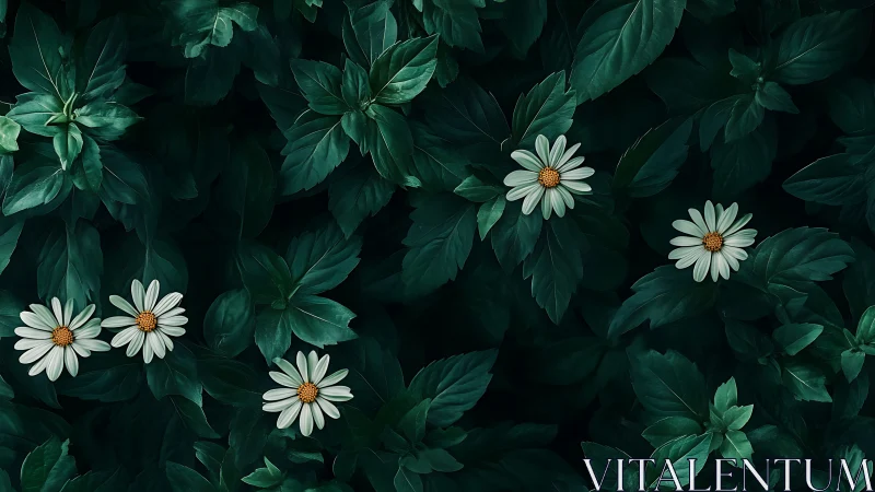 White Daisies Nested in Deep Green Foliage.