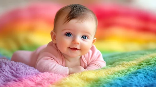 Joyful infant in pink on multicolored fuzzy textile background.
