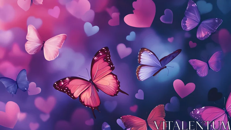 Fluttering heart chorus in neon twilight skies of love.