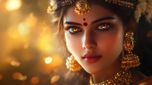 Digitally rendered Indian portrait with luminous amber eyes and ornate gold jewelry