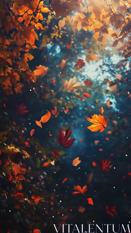 Autumn leaves swirl through glowing forest twilight sky.