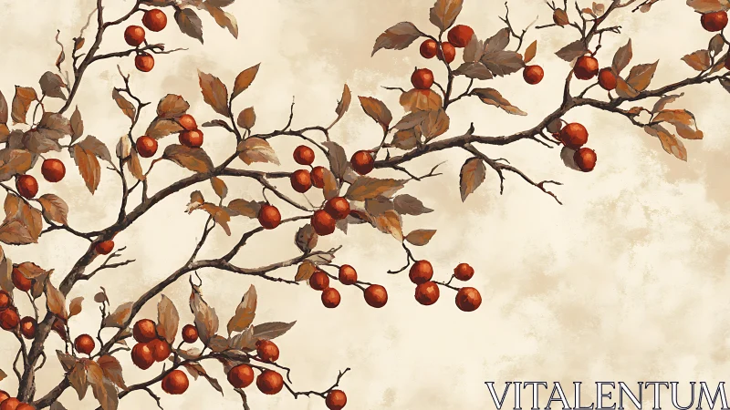 Branch with red berries arcs across textured beige background