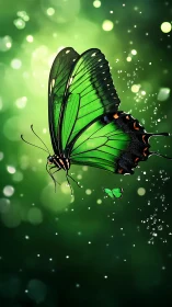 Green butterfly in soft bokeh light on dark background.