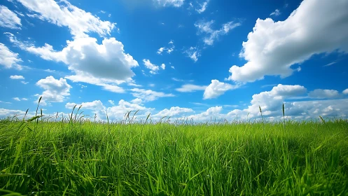 Summer grassland stretches under deep blue clouded sky.