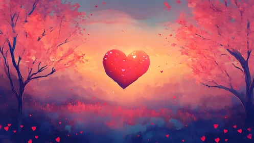 Giant Red Heart Glowing Against Sunset Over Romantic Landscape.