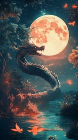 Moonlit serpent coils beneath a glowing celestial full moon.