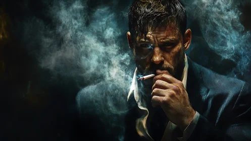 Brooding man in smoky darkness holds a lit cigarette thoughtfully
