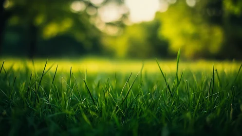 Close-up of Fresh Green Grass in Sunlit Park, Nature Photography.