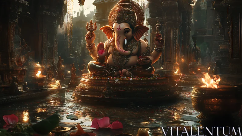 Golden temple glow around serene Ganesha at twilight.