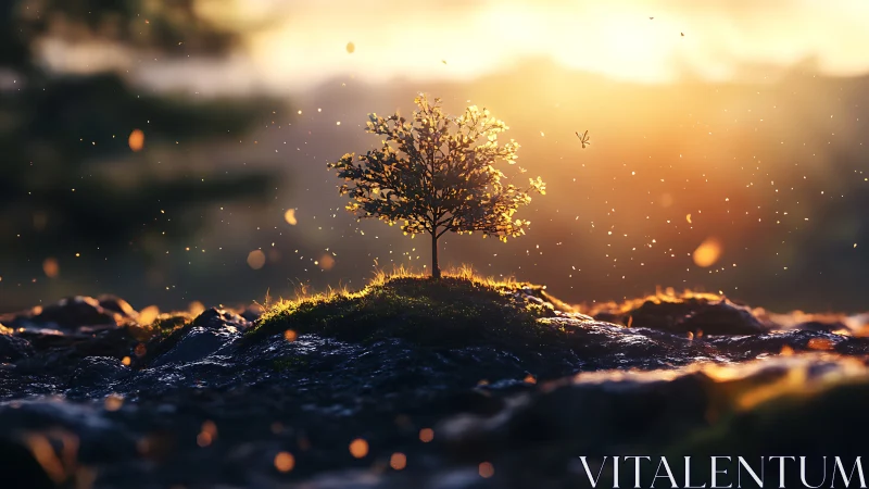Lone Tree on Mossy Hill at Sunset in Dreamy Nature Art.