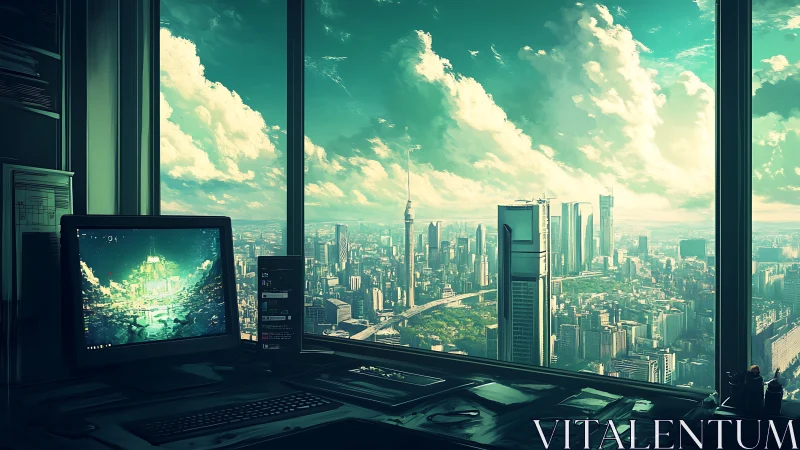 Futuristic office interior overlooking dense teal cityscape.