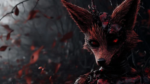 Cybernetic infernal fox with biomechanical armor in red forest