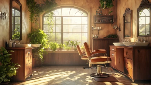 Sunlit vintage barbershop interior with plants and mirrors
